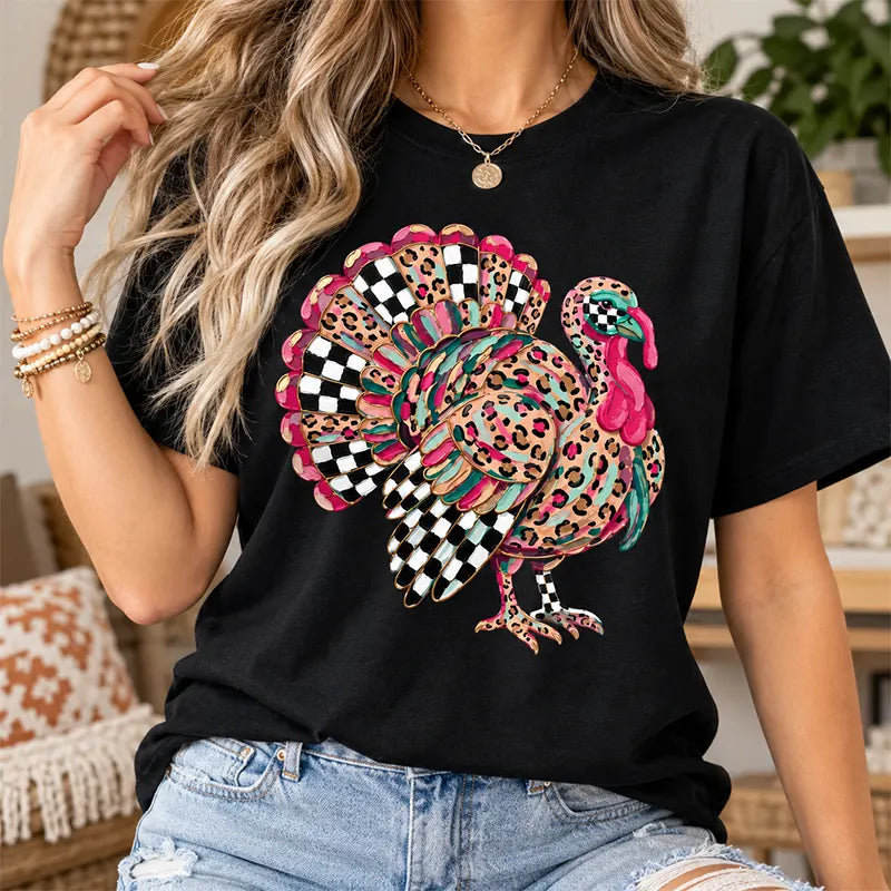 Leopard Checkered Turkey Thanksgiving Design T-Shirt / Sweatshirt / Hoodie